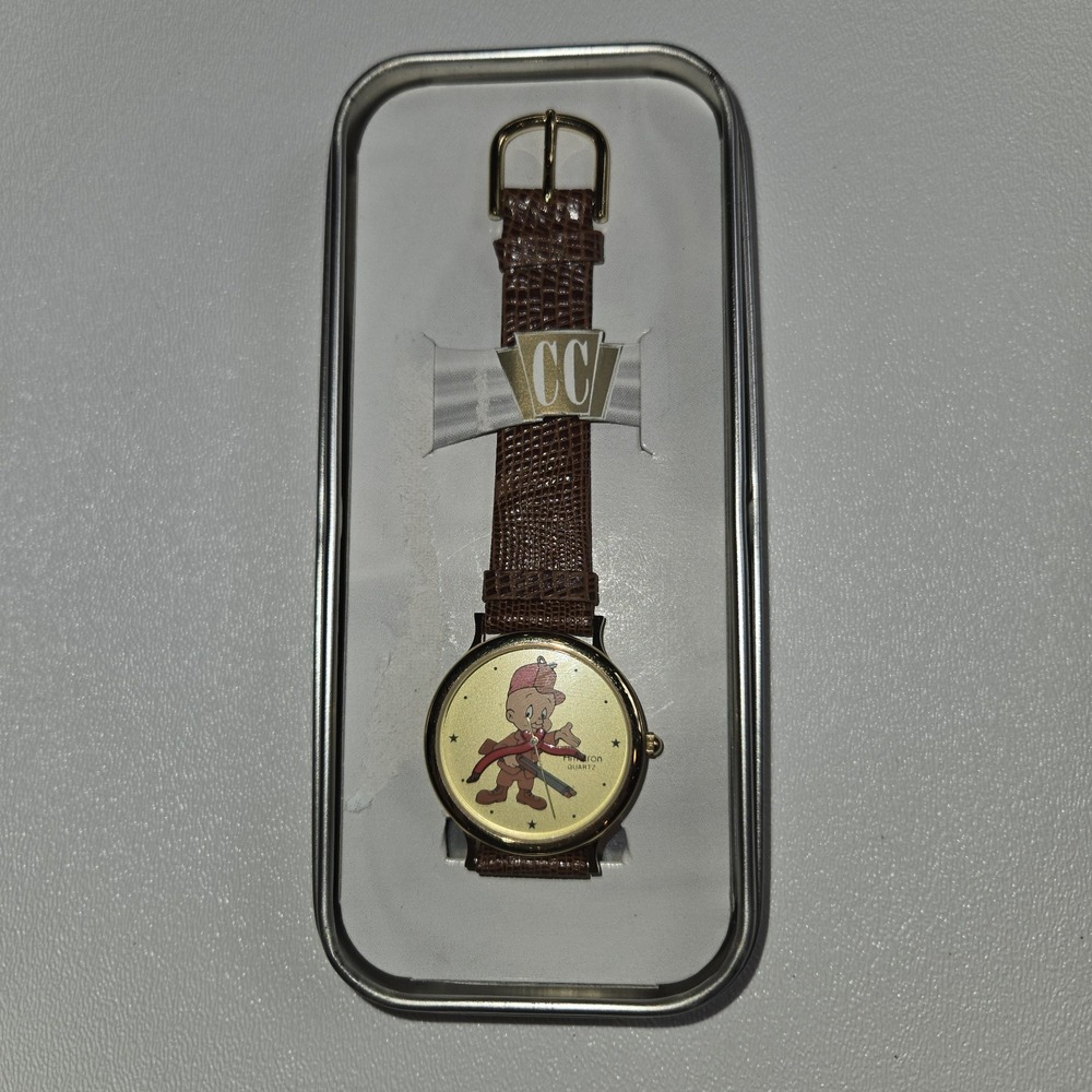 Armitron Looney Tunes Elmer Fudd Watch 1990 Quartz‎ Leather Band With Tin Case